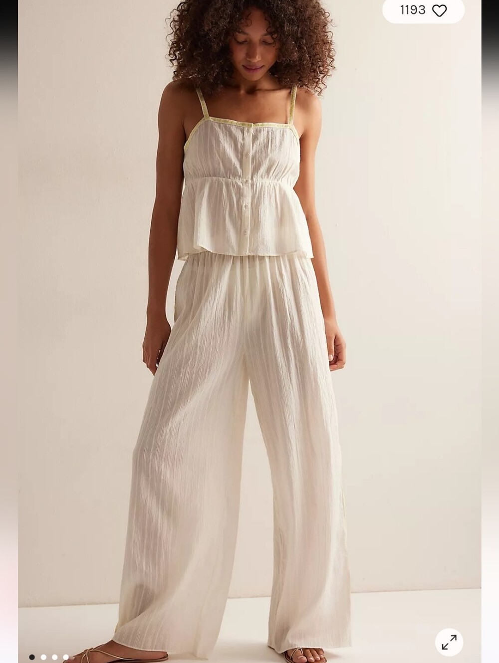 FREE PEOPLE IVORY FLORAL TRIM CAMI TOP & WIDE LEG PANTS SET SZ S